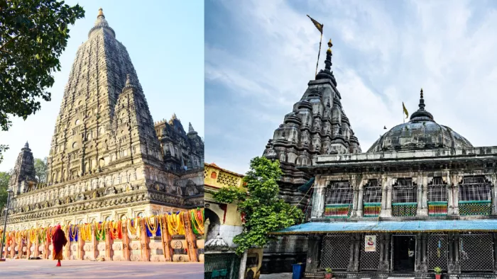 बोधगया का महाबोधि मंदिर (बाएं), गया के विष्णुपद मंदिर (दाएं)। फोटो क्रेडिट- बिहार टूरिस्म डिपार्टमेंट