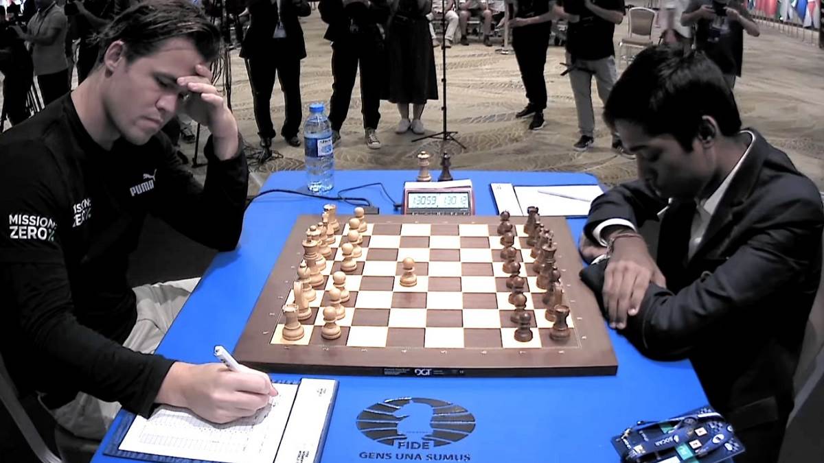 chess world cup final 2023 r praggnanandhaa vs carlsen round 2 ends at draw now title clash goes into tie breaker
