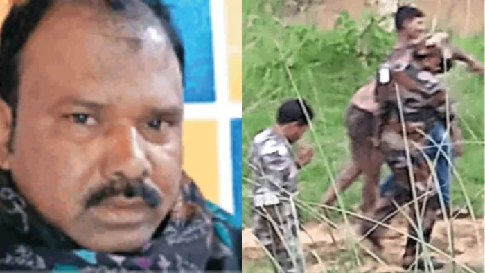 रामगढ़ में पशु व्यापारी को ग्रामीणों ने पीट-पीट कर मार डाला (घटनास्थल से शमशाद को ले जाता पुलिसकर्मी)