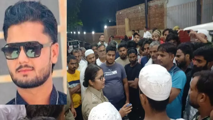 युवक दिलशान का फाइल फोटो और मौके पर लोगों से बात करतीं सीओ खुर्जा पूर्णिमा सिंह।