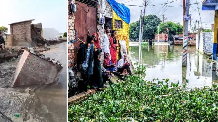 फर्रुखाबाद में गंगा नदी के कटान से पानी में समाता मकान। जागरण