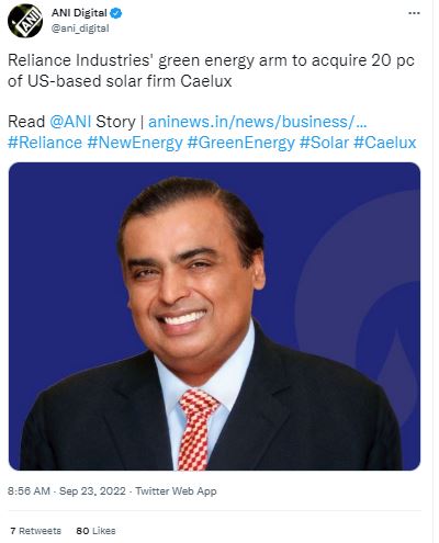Reliance New Energy ने अमेरिकी सोलर कंपनी में किया 12 मिलियन डॉलर का ...