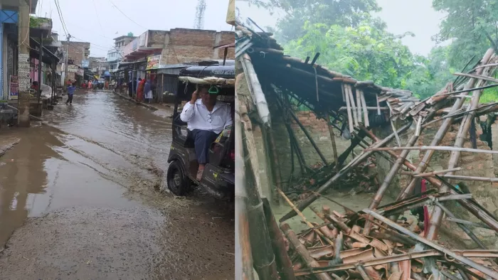जलमग्न सड़क (बाएं), गढ़पुरा के मोरतर गांव में बर्षा के दौरान गिरा घर (दाएं)