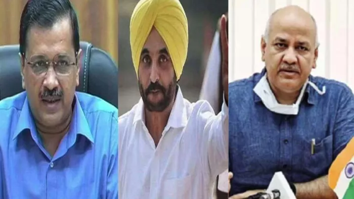 दिल्ली के मुख्यमंत्री अरविंद केजरीवाल, पंजाब के मुख्यमंत्री भगवंत मान व मनीष सिसोदिया।