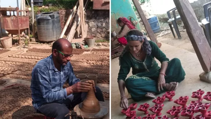 मिट्टी के दीये बनाते रवि प्रजापति और परिवार के सदस्य।