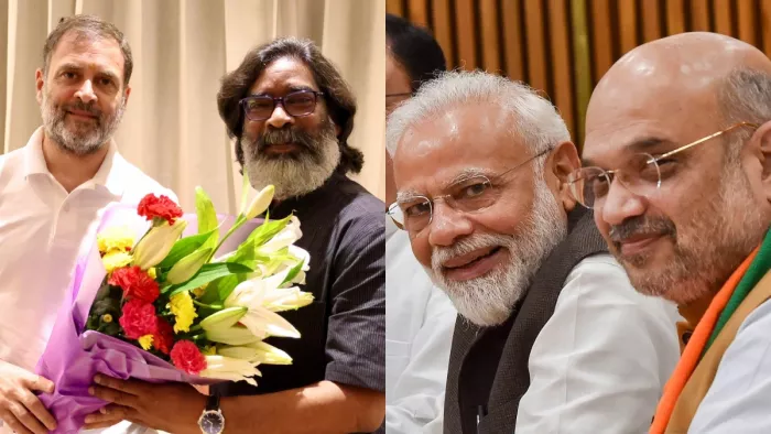 राहुल गांधी, हेमंत सोरेन, पीएम मोदी और अमित शाह। फाइल फोटो