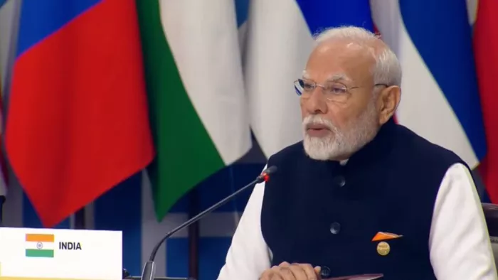 16वें ब्रिक्स शिखर सम्मेलन 2024 में प्रधानमंत्री मोदी भाषण देते हुए। (Photo ANI)