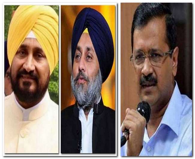 पंजाब सीएम चरणजीत सिंह चन्नी, शिअद प्रमुख सुखबीर सिंह बादल और आप कन्वीनर अरविंद केजरीवाल। (फाइल फोटो)