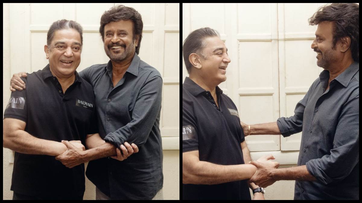 ulaganayagan kamal haasan and rajinikanth shares a amazing moment on sets