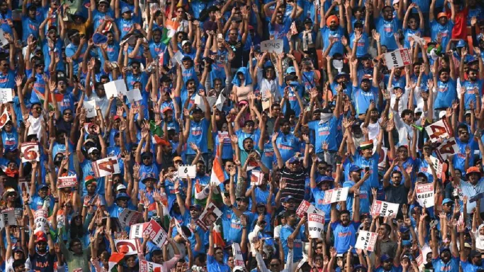 वर्ल्ड कप फाइनल मैच देखने के दौरान क्रिकेट फैंस।
