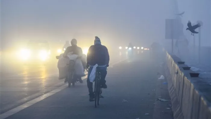 घने कोहरे के कारण कम दृश्यता के बीच सड़क पर गुजरते यात्री।- एएनआई