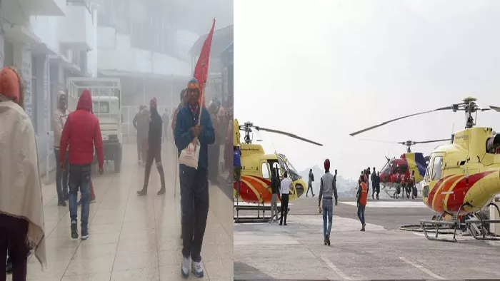धुंध व हल्की वर्षा के बीच मां वैष्णो देवी भवन की ओर रवाना होते श्रद्धालु