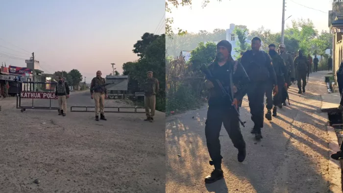 कठुआ में तलाशी अभियान के लिए जाते एसओजी के जवान।