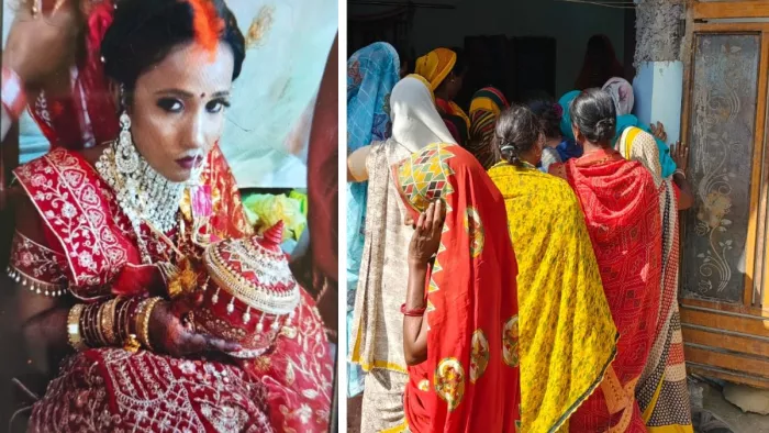 बाएं से मृतका सरोज, घटना के बाद जुटी महिलाओं की भीड़। जागरण