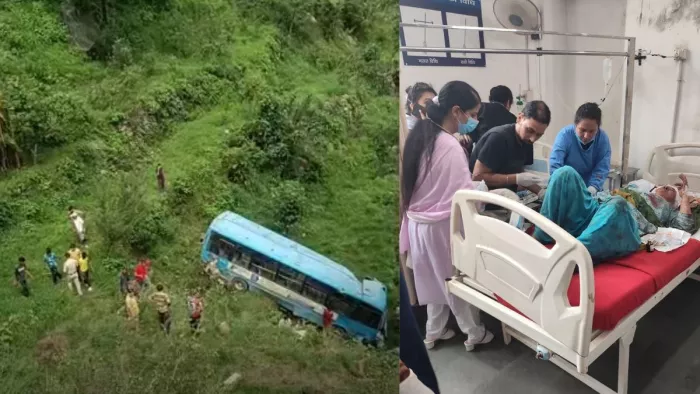 मंडी के सरकाघाट में खाई में गिरी बस व उपचाराधीन घायल।