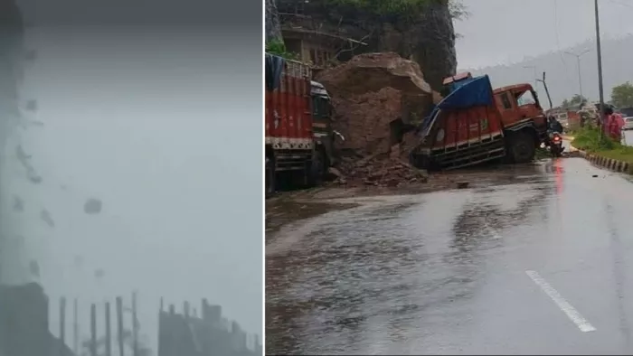 बिलासपुर में थापना के पास पहाड़ी से गिर रहे पत्थर और ट्रक पर गिरी चट्टान। जागरण