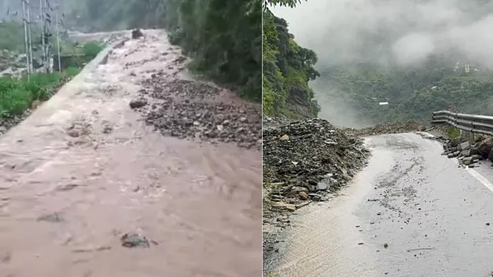 हिमाचल प्रदेश के चंबा में सड़क पर बहता पानी और मंडी एनएच पर हुआ भूस्खलन।