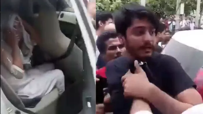 काली टी शर्ट पहने विपिन भाटी है जो कार में लड़की के साथ पकड़ा गया था। फोटो सौजन्य- सोशल मीडिया