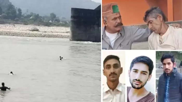 यमुना नदी में डूबते युवक, बेसुध पिता को संभालते लोग व युवकों के फोटो।