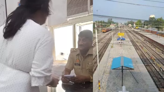 मथुरा: जंक्शन रेलवे स्टेशन स्थित जीआरपी थाने में प्रभारी को बैग चोरी होने की जानकारी देती महिला।- जागरण
