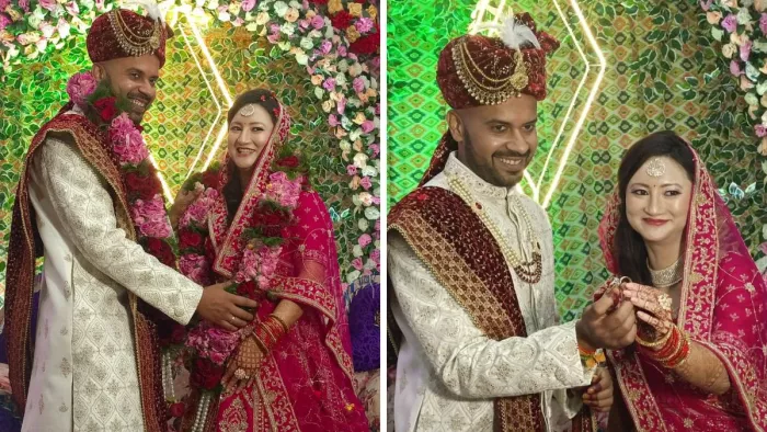 हमीरपुर स्थित हरि गेस्ट हाउस में शादी समारोह के दौरान सचिन व ओलिविया। सौजन्य- स्वजन