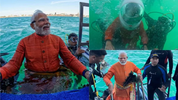 समुद्र में डूबी द्वारका नगरी के नजदीक पहुंचे PM मोदी (Image: ANI)