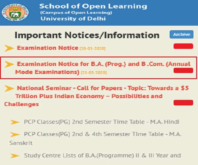 DU SOL Datesheet 2020: BA and BCom annual examinations postponed, school of open learning issued notification