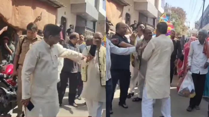 Agra News: विधायक जीएस धर्मेश और पूर्व विधायक रामबाबू हरित के बीच विवाद। वीडियो से ली तस्वीर।