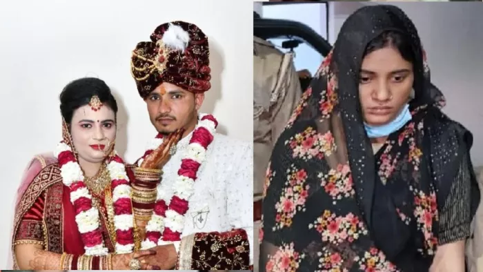 प्रगति और दिलीप की शादी की फोटो, सदर कोतवाली में पुलिस गिरफ्त में हत्या की साजिशकर्ता पत्नी प्रगति।