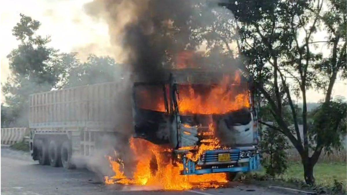 a huge fire broke out in a parked truck driver got burnt