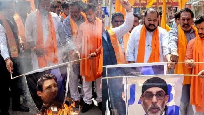शिव सैनिकों ने जस्टिन ट्रूडो और गुरपतवंत पन्नू के जलाए पुतले। फोटो जागरण