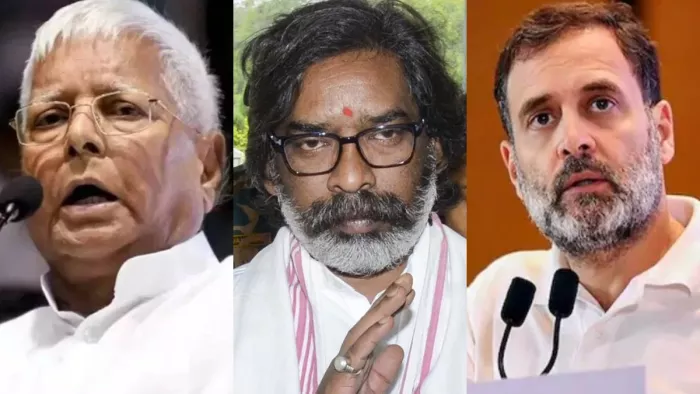 लालू प्रसाद यादव, हेमंत सोरेन और राहुल गांधी। फाइल फोटो