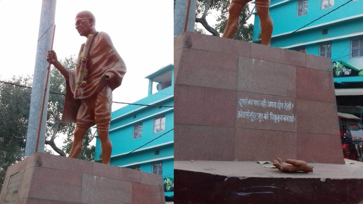 mahatma gandhi statue vandalized by anti social elements in jamui