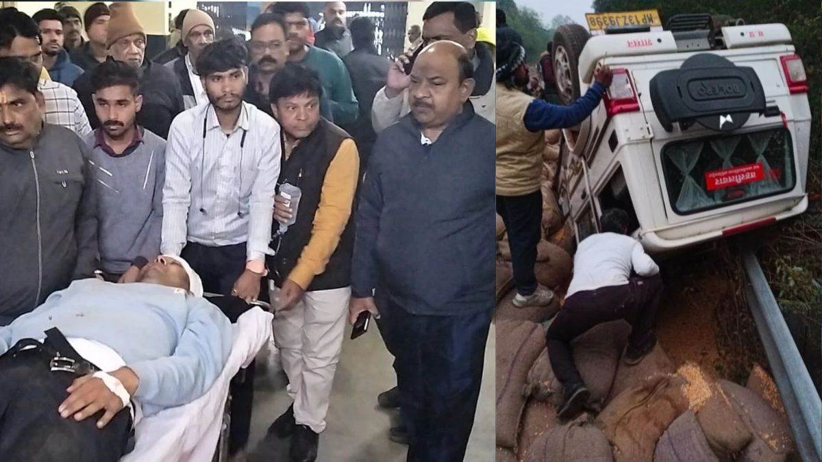 horrific road accident in guna truck overturned on car after collision