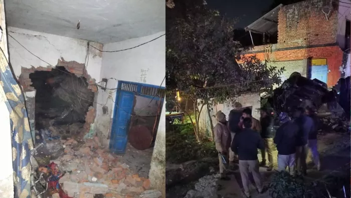 अनियंत्रित होकर हाईवे के किनारे घर में घुस गई थी कार, मौके पर पहुंची पुलिस।