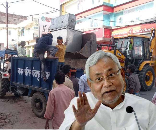 bihar me bulldozer government started anti encroachment drive started in darbhanga khagaria and shekhpura