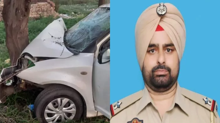 फोटो कैप्शन- हादसे में क्षतिग्रस्त गाड़ी और एएसआई नसीब चंद की फाइल फोटो।