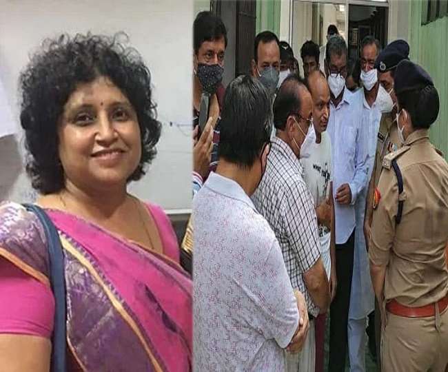 वंदना मिश्रा की फाइल फोटो और उनके अंतिम संस्कार में माफी मांगने के लिए पहुंचे कानपुर पुलिस कमिश्नर असीम अरुण।
