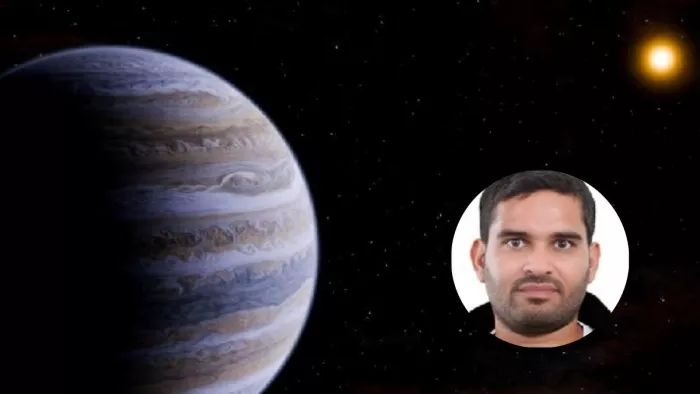 छोटे तारे की परिक्रमा करते हुए ठंडी गैस वाले विशालकाय ग्रह की प्रतीकात्मक छवि। स्रोत : टी. मुलर