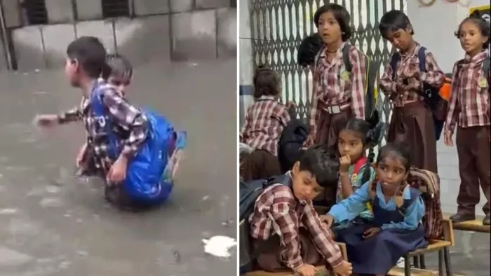 टीकरी कलां प्राथमिक विद्यालय में जल भराव के बाद क्लास रूम में डेस्क पर बैठीं छात्राएं। वीडियो ग्रैब