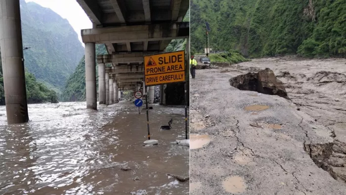जिला मंडी के दवाड़ा में हाईवे पर बहता ब्यास का पानी व बाढ़ से क्षतिग्रस्त हुआ फोरलेन।