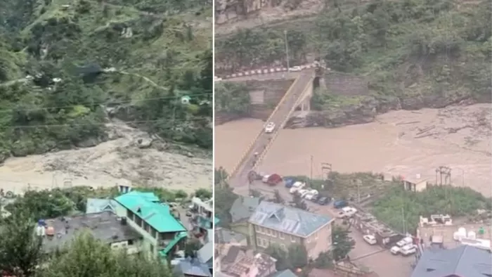 जिला किन्नौर की पानवी खड्ड में बादल फटने के बाद आए मलबे से रुका सतलुज नदी का बहाव। जागरण