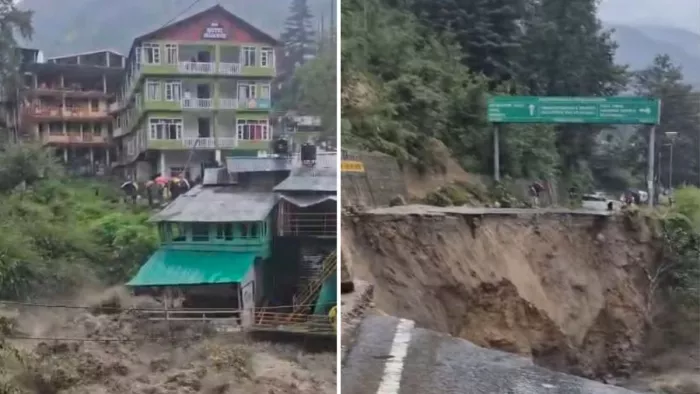 मनाली में ब्यास नदी में आई बाढ़ से खतरे में होटल व अन्य भवन और क्षतिग्रस्त फोरलेन। जागरण