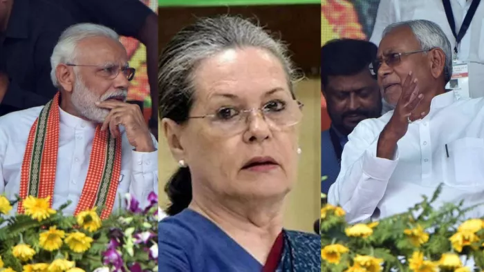 पीएम मोदी, कांग्रेस अध्यक्ष सोनिया गांधी एवं सीएम नीतीश कुमार। फाइल तस्वीरें।