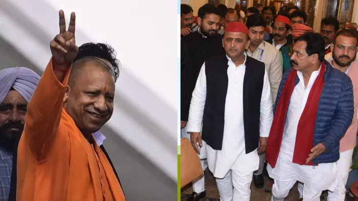 राज्यसभा सदस्य पद के चुनाव में वोट डालकर बाहर आते सीएम योगी और विधानभवन में अखिलेश यादव।- जागरण