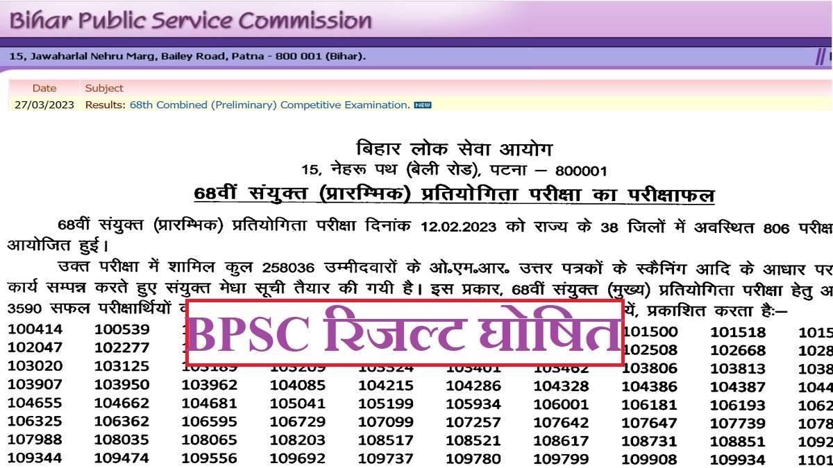 bpsc 68th prelims result 2023 announced check roll number of 3590 qualified out of 258036 appeared candidates at bpsc bih nic in