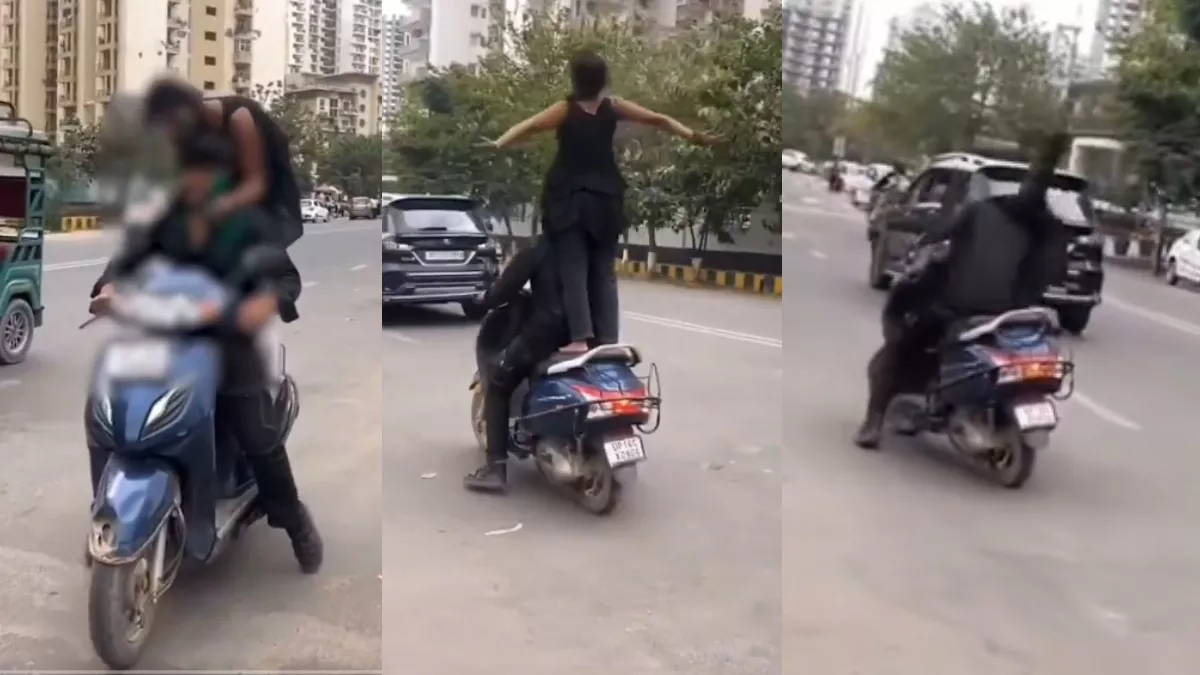 स्कूटी पर पीछे खड़े होकर स्टंट कर रही लड़की, ब्रेक लगते ही गिरी; दिल्ली पुलिस ने VIDEO पोस्ट कर ली चुटकी