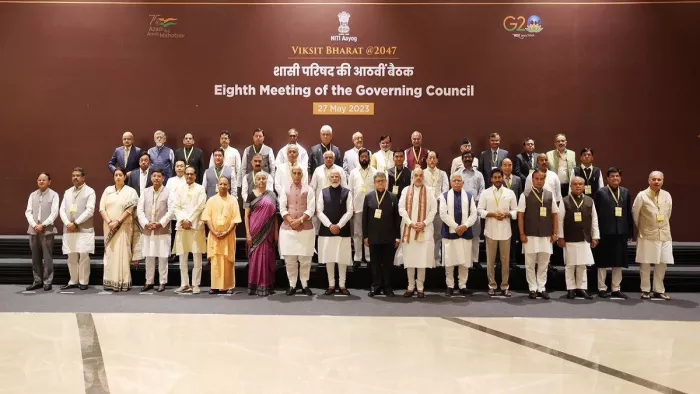 पीएम मोदी ने नीति आयोग की आठवीं गवर्निंग काउंसिल की बैठक को किया संबोधित। (Photo-ANI)