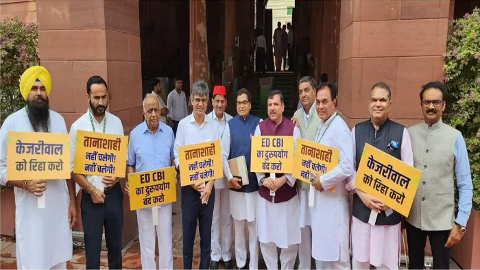 आप नेताओं ने संसद परिसर में विरोध प्रदर्शन किया। (आप ट्विटर हैंडल)
