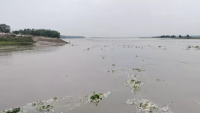 नेपाल में हो रही बारिश से महानंदा नदी का जलस्तर बढ़ रहा है। (फोटो- जागरण)